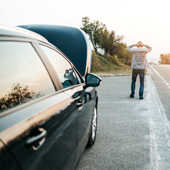 car issue breakdown or engine failure, middle age man waiting for towing service to help car accident on the road, roadside assistance